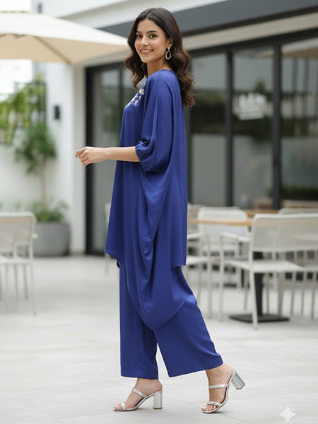 Blue Satin Sequin Work Kaftan Co-ord Set