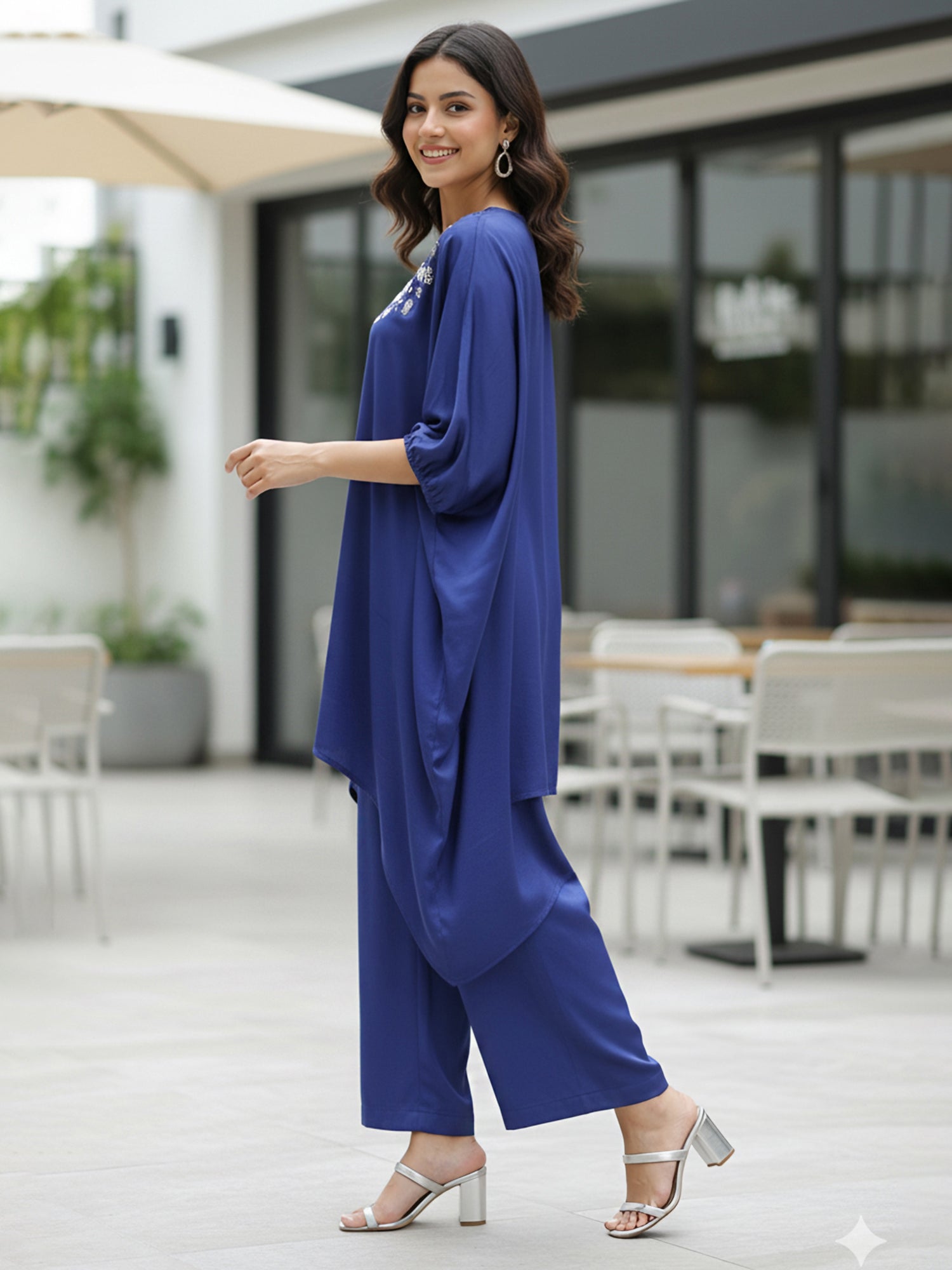 Blue Satin Sequin Work Kaftan Co-ord Set