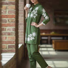 Green Floral Embroidered Cotton Co-ord Set