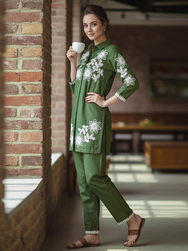 Green Floral Embroidered Cotton Co-ord Set