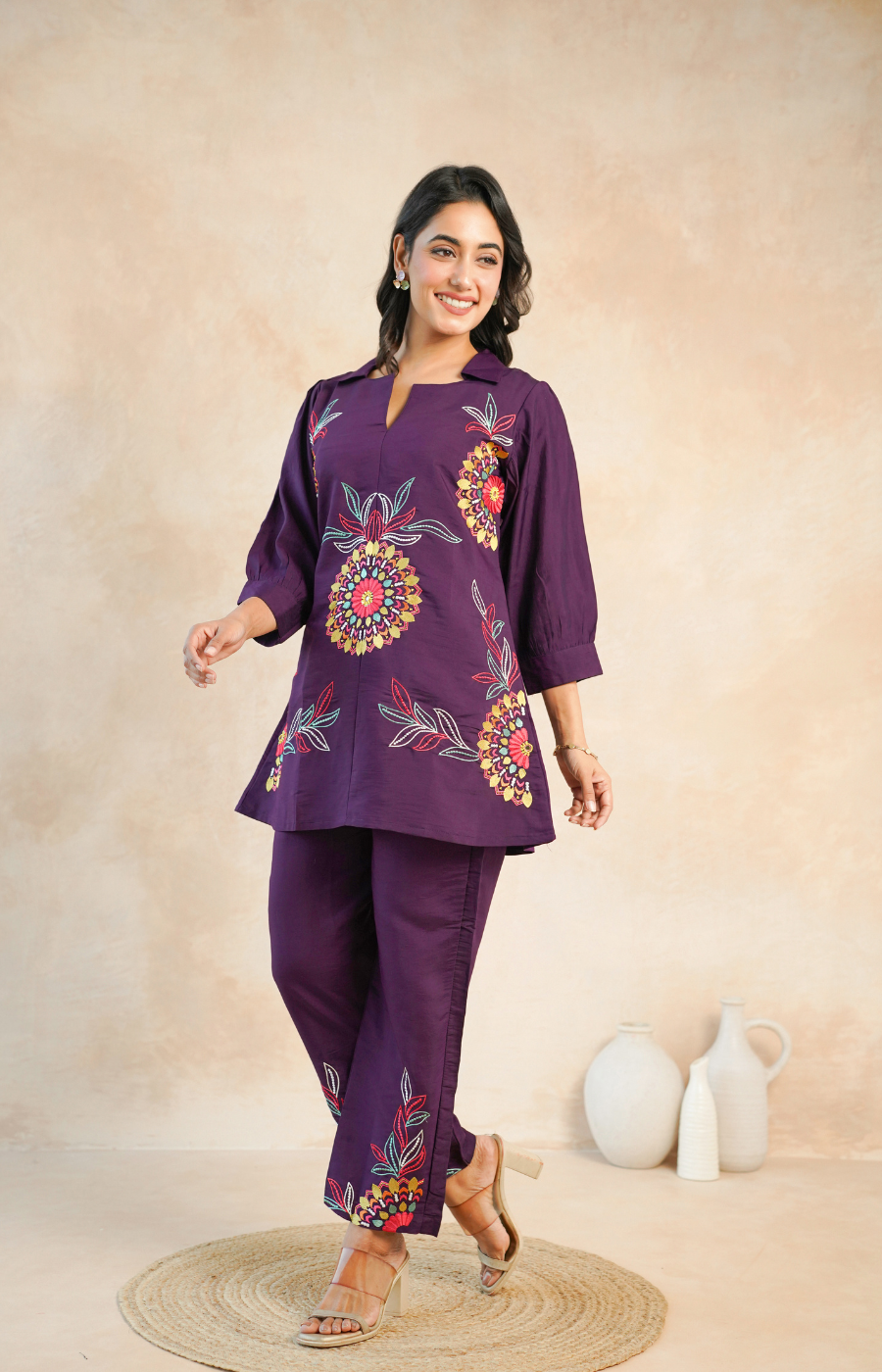 Graceful Purple Floral Embroidered Kurta with Pants