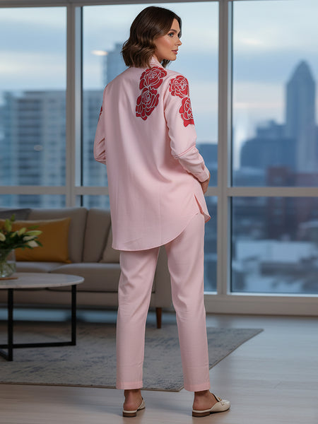 Rosette Bloom Hand-Painted Pink Tencel Luxe Co-ord Set