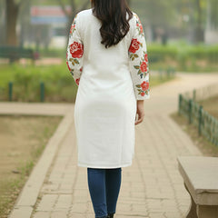 White Pink Embroidered Full Sleeves Long Jacket
