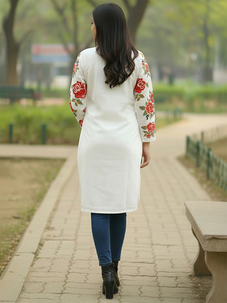 White Pink Embroidered Full Sleeves Long Jacket
