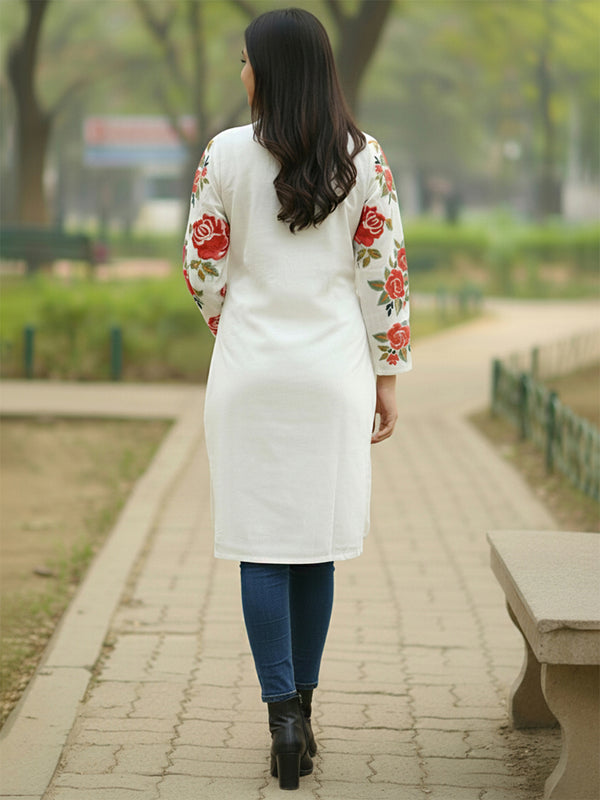 White Pink Embroidered Full Sleeves Long Jacket