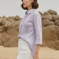 Lavender Bloom Embroidered Cotton Shirt with Classic Collar
