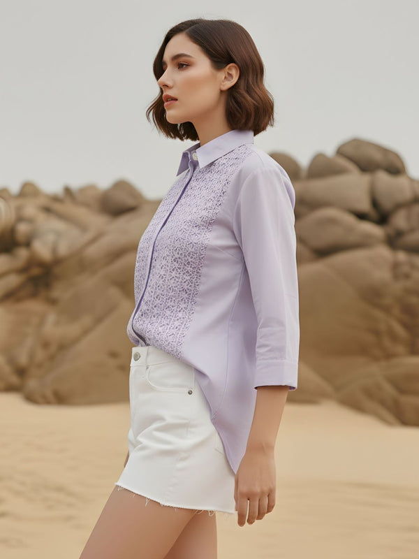 Lavender Bloom Embroidered Cotton Shirt with Classic Collar