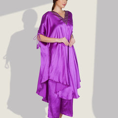 Stylish Satin V-neck Purple Co-ord Set