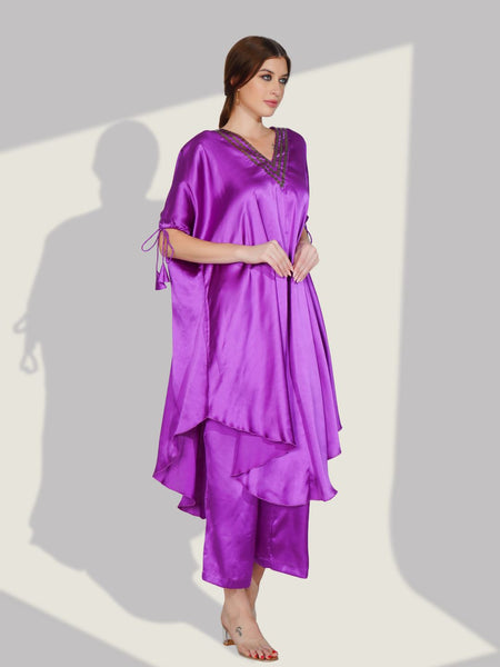 Stylish Satin V-neck Purple Co-ord Set