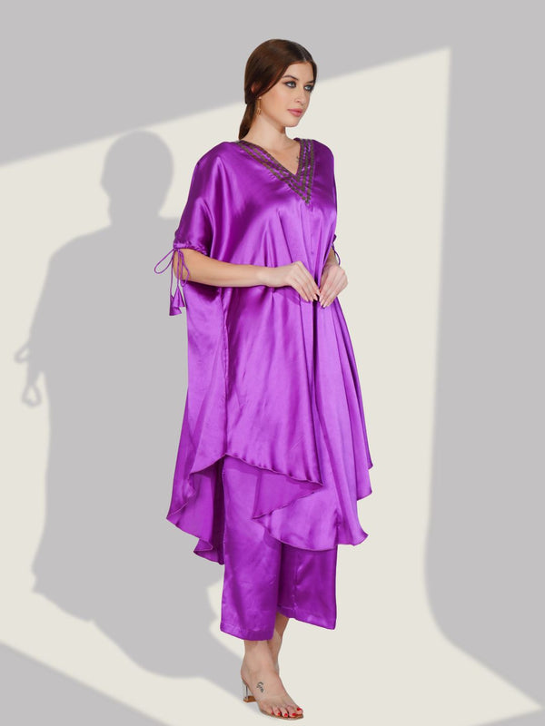 Stylish Satin V-neck Purple Co-ord Set