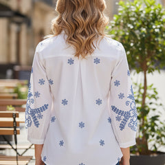 Elegant White Button-Down Shirt with Blue Floral Detailing