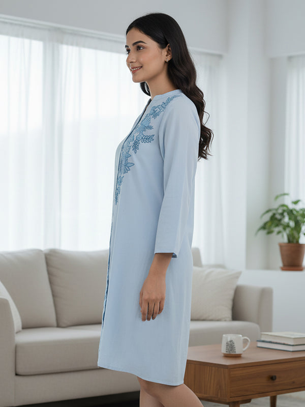 Light Blue Embroidered Cotton Shirt Dress