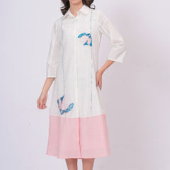 Pink Linen Embroidered Shirt Dress