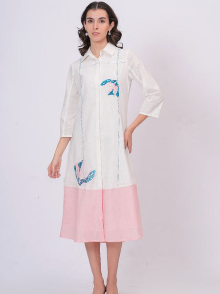 Pink Linen Embroidered Shirt Dress