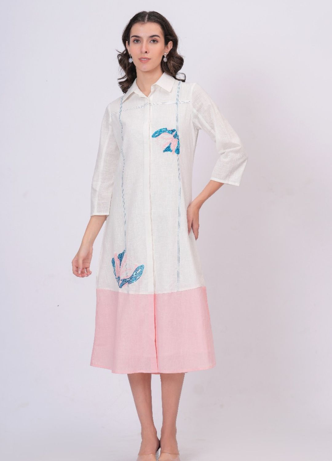 Pink Linen Embroidered Shirt Dress