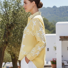 Yellow Cotton Embroidered Waist-Length Shirt with Collar Neck