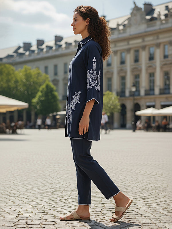 Navy Blue White Embroidered Co-ord Set