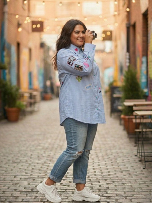 Women Regular Fit Striped Embroidered Shirt