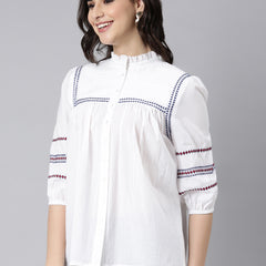 Casual Cotton White Embroidered Top