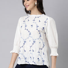 Elegant White Cotton Top With Blue Embroidery