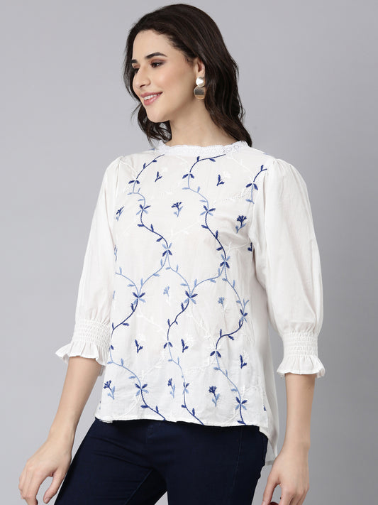 Elegant White Cotton Top With Blue Embroidery