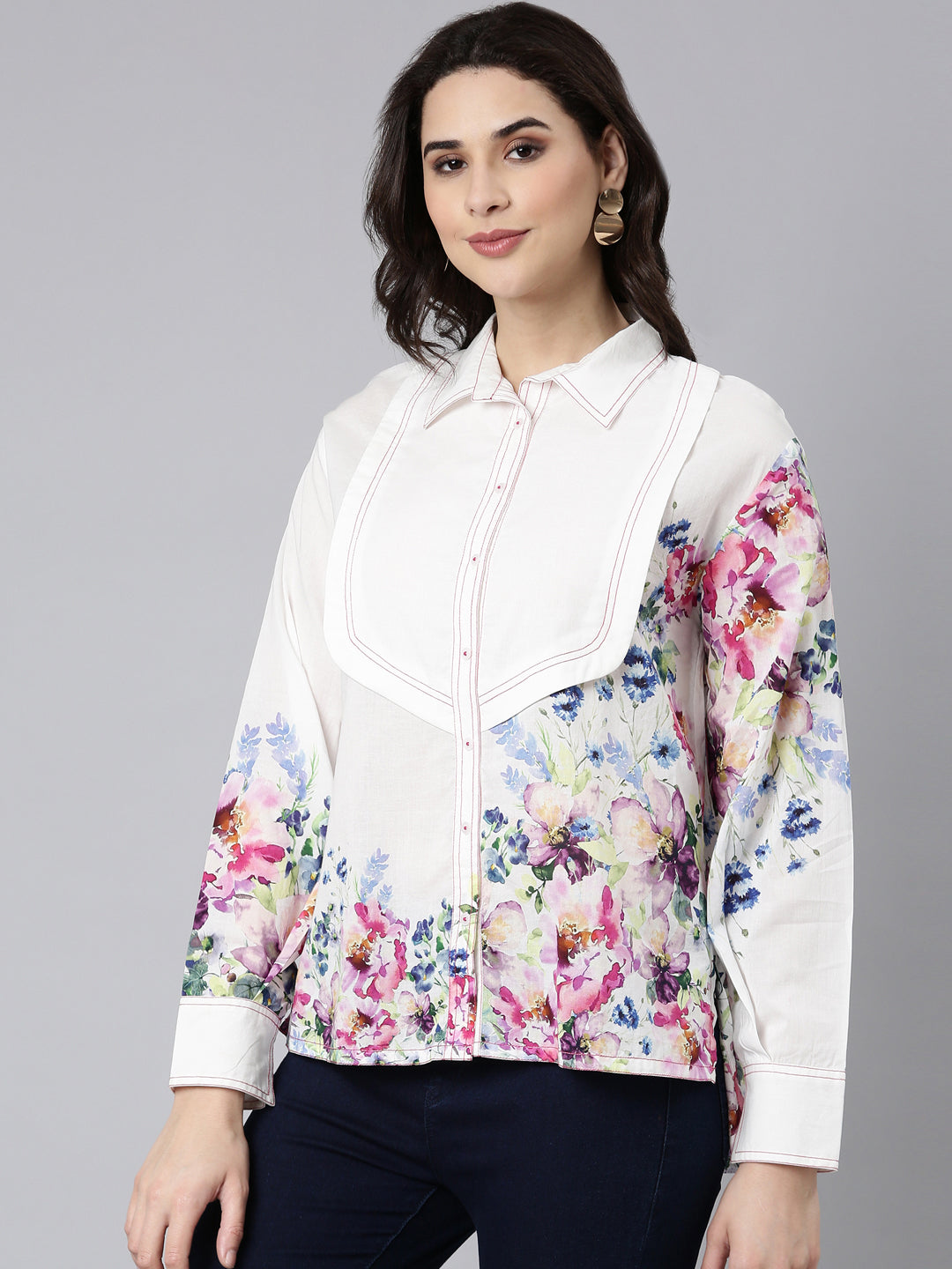 White Printed Shirt Pattern Top