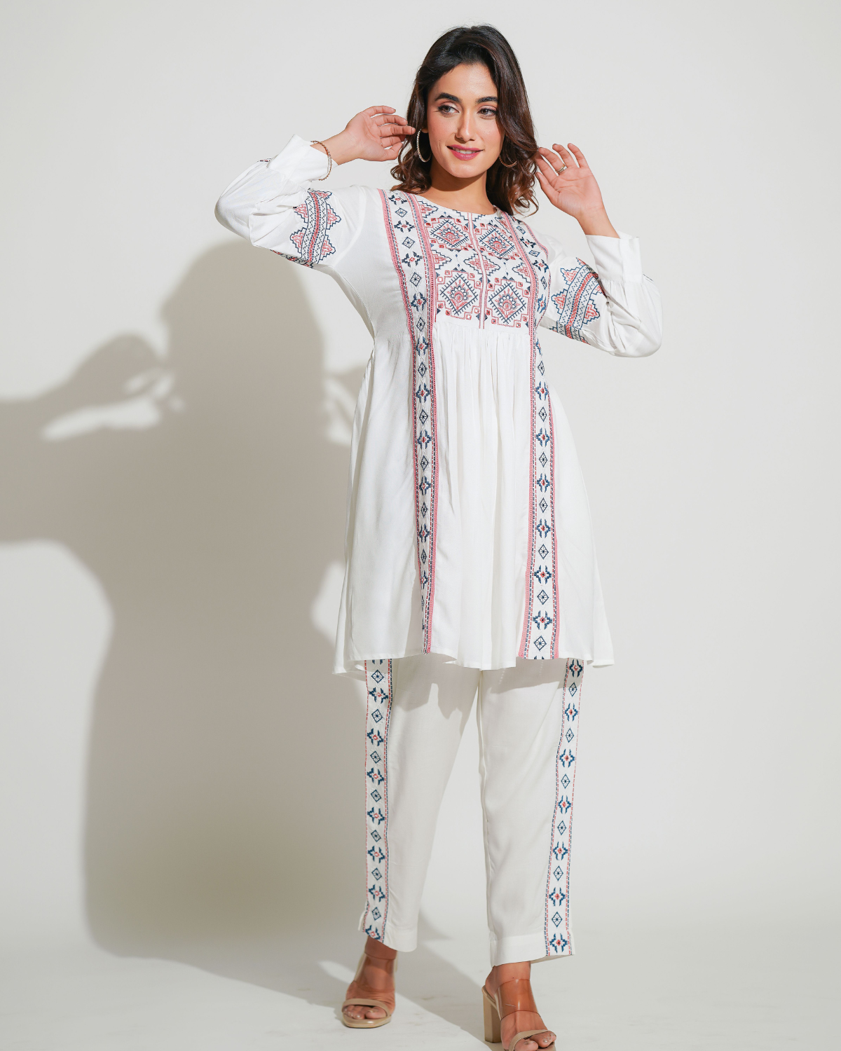 White Rayon Co-Ord Set With Embroidery