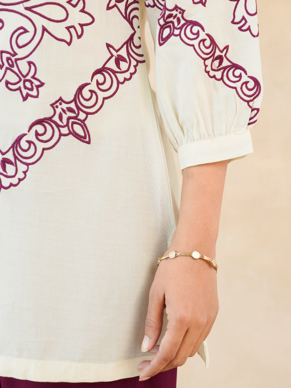 Elegant Off-White & Maroon Embroidered Rayon Co-ord Set