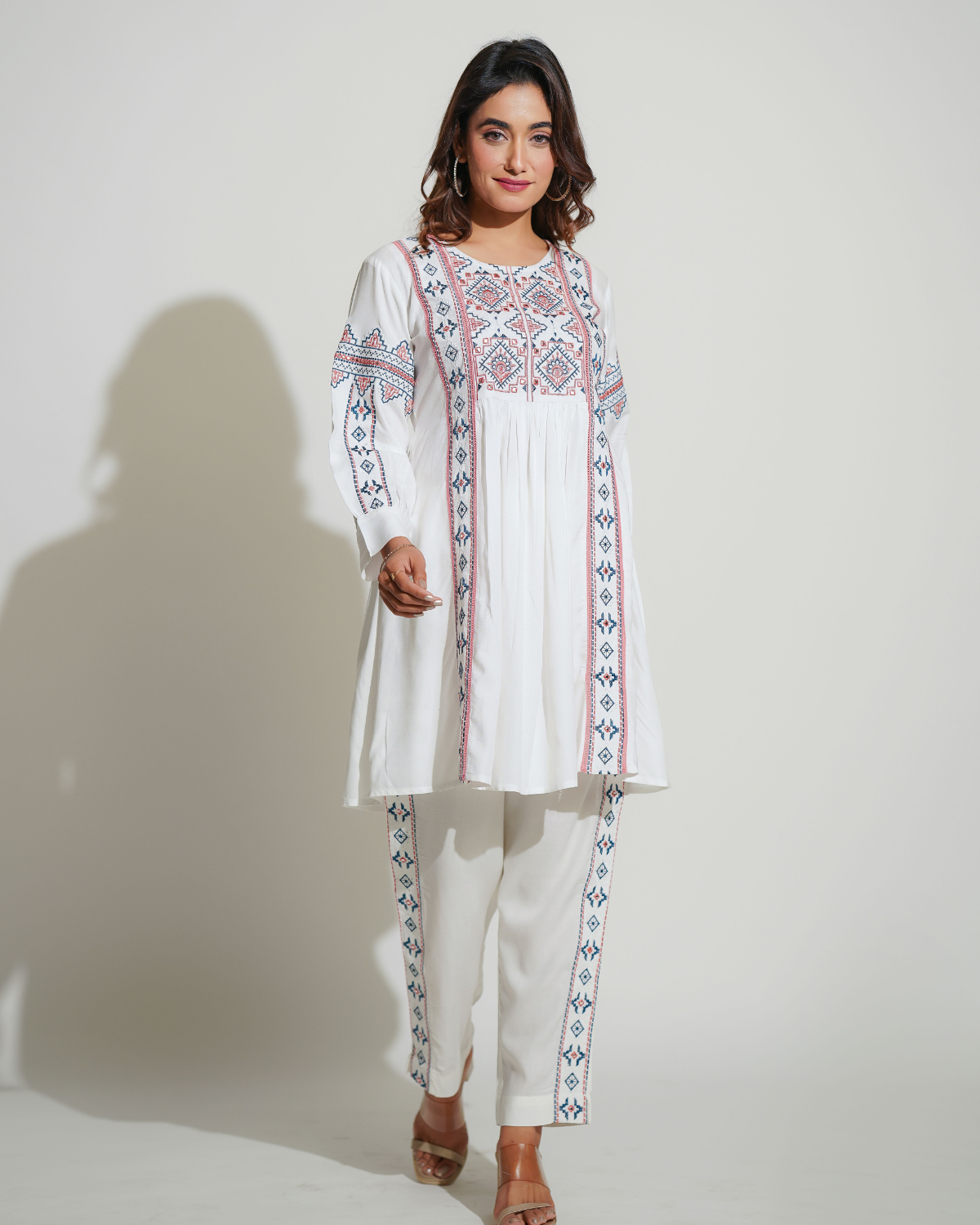 White Rayon Co-Ord Set With Embroidery