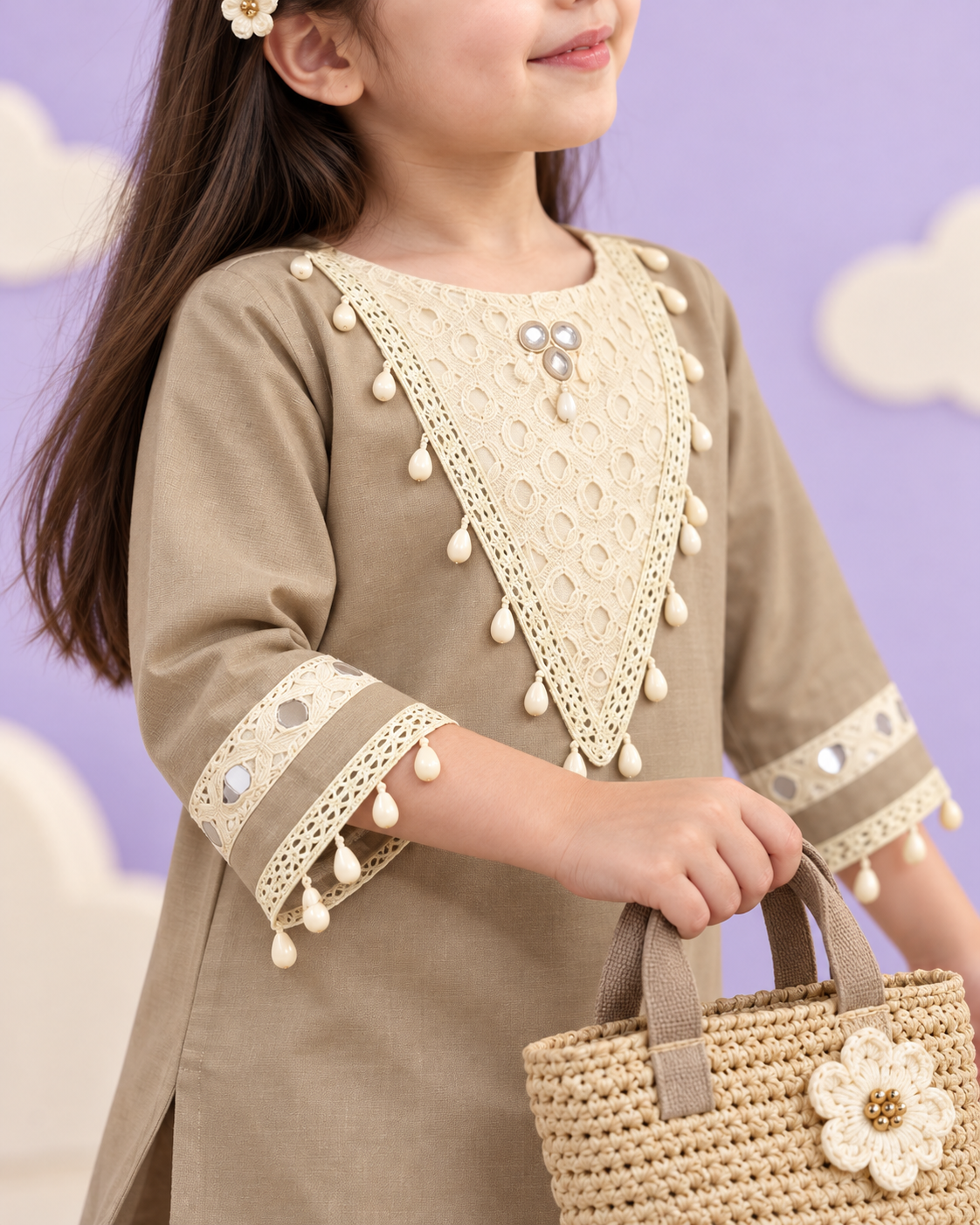 Girls Beige Embroidered Kurta Palazzo Set with Lace Detailing and Tassel Accents