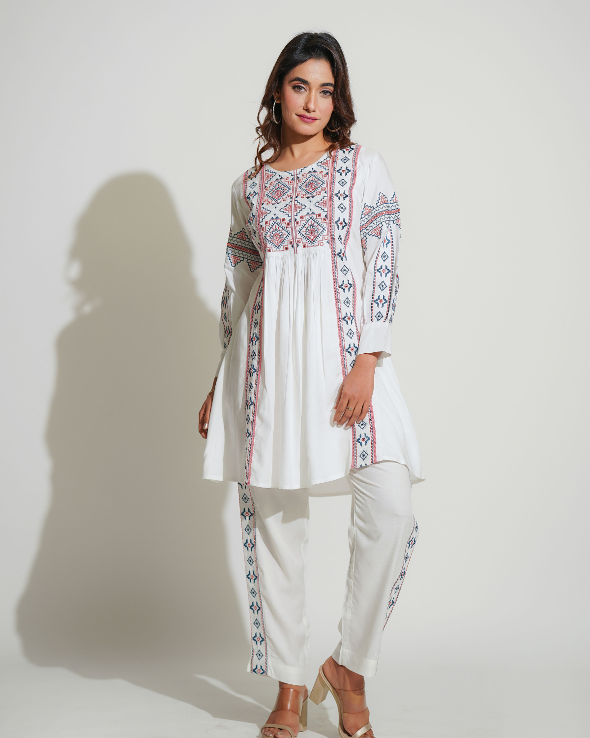 White Rayon Co-Ord Set With Embroidery