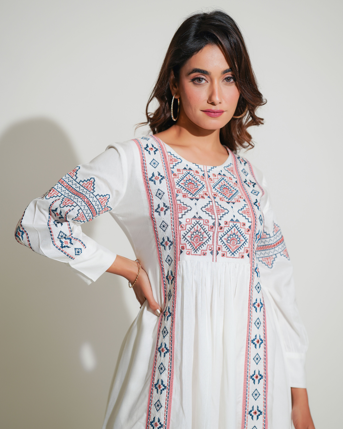 White Rayon Co-Ord Set With Embroidery