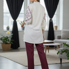 Elegant Off-White & Maroon Embroidered Rayon Co-ord Set