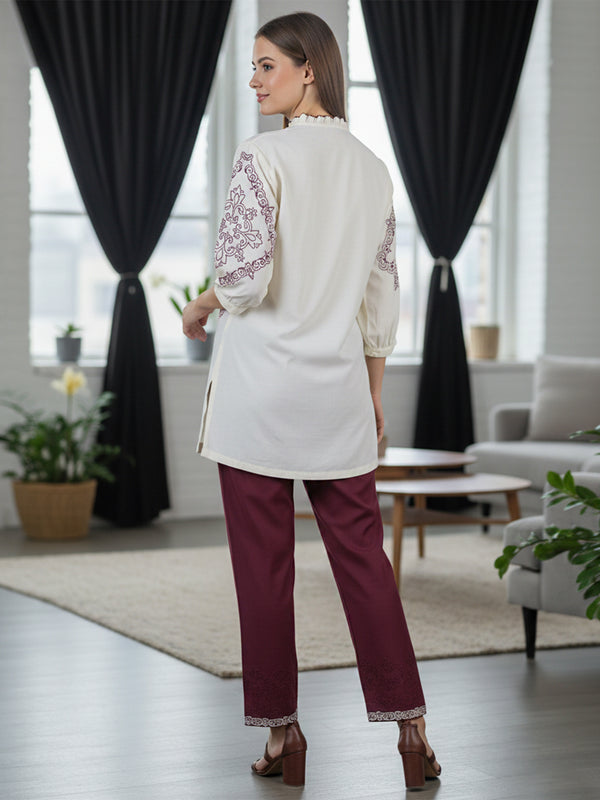 Elegant Off-White & Maroon Embroidered Rayon Co-ord Set