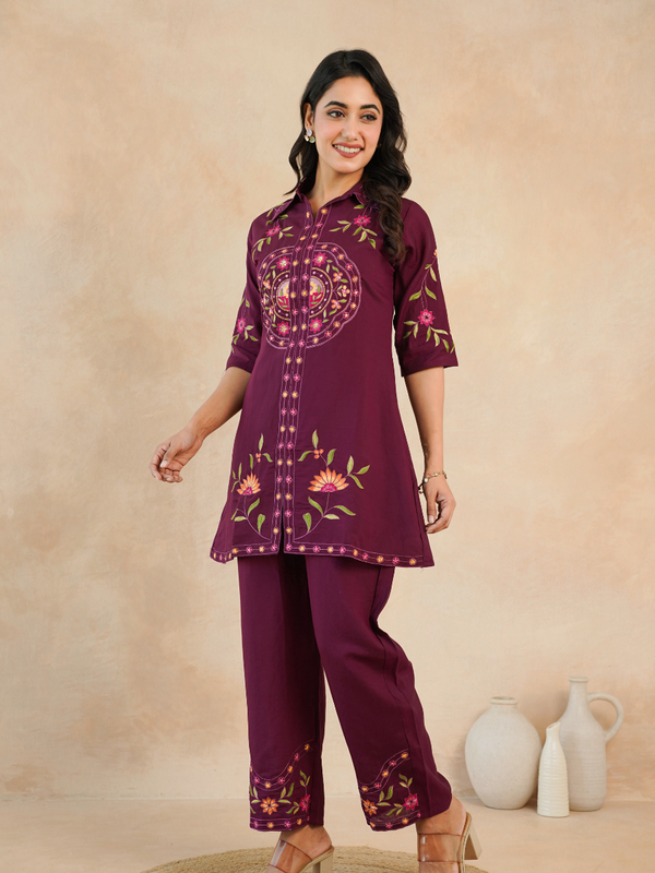 Elegant Maroon Embroidered Kurta with Matching Pants