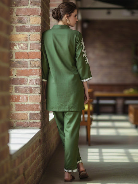 Green Floral Embroidered Cotton Co-ord Set