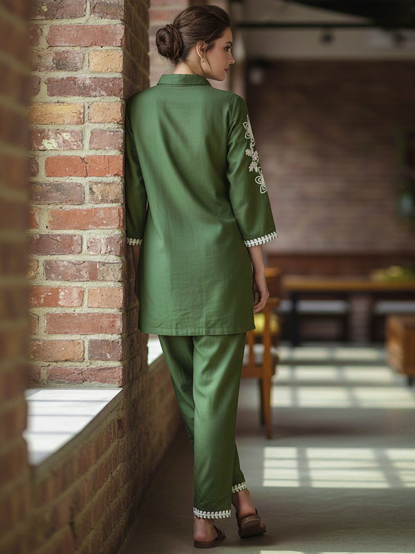 Green Floral Embroidered Cotton Co-ord Set