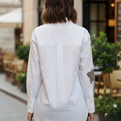 Women’s White Embroidered Viscose Crop Shirt with Collar Neck