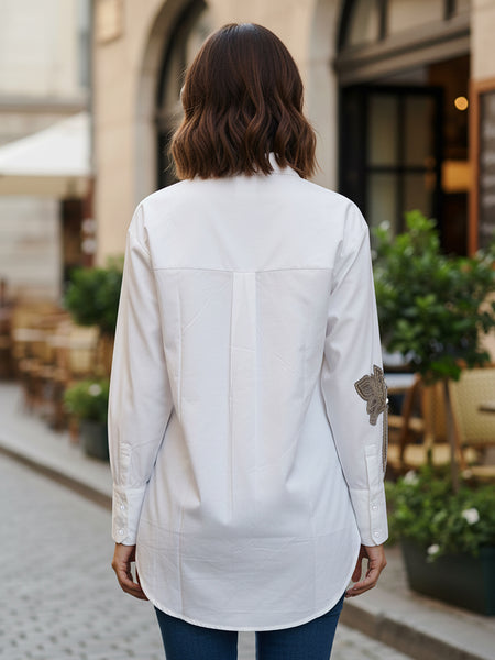 Women’s White Embroidered Viscose Crop Shirt with Collar Neck