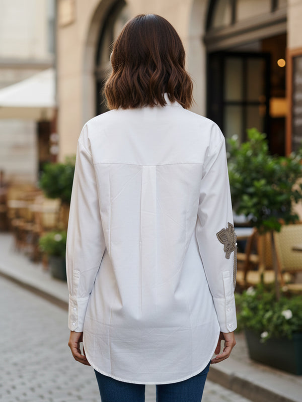 Women’s White Embroidered Viscose Crop Shirt with Collar Neck