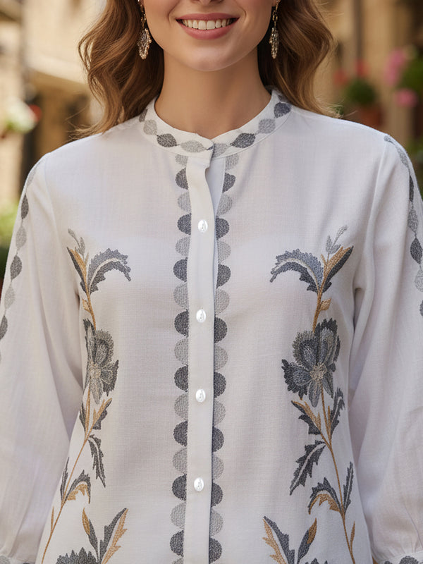 White Cotton Full Sleeves Embroidered Co-ord Set