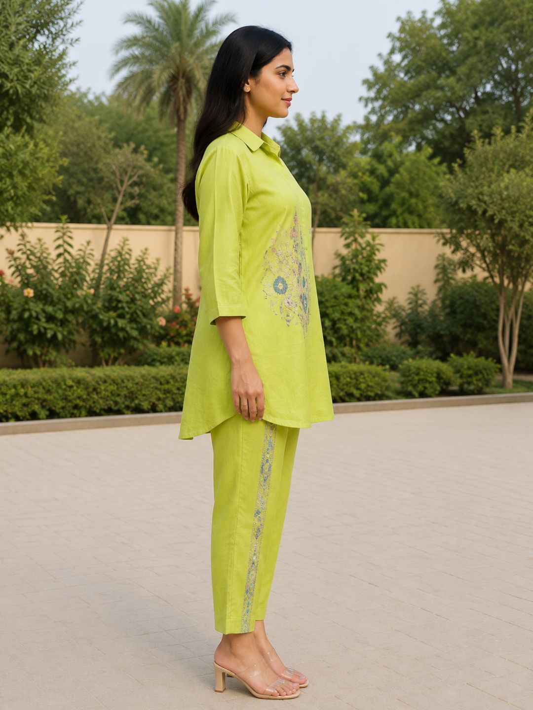 Lime Green Printed Kurta Trouser Co-Ord Set