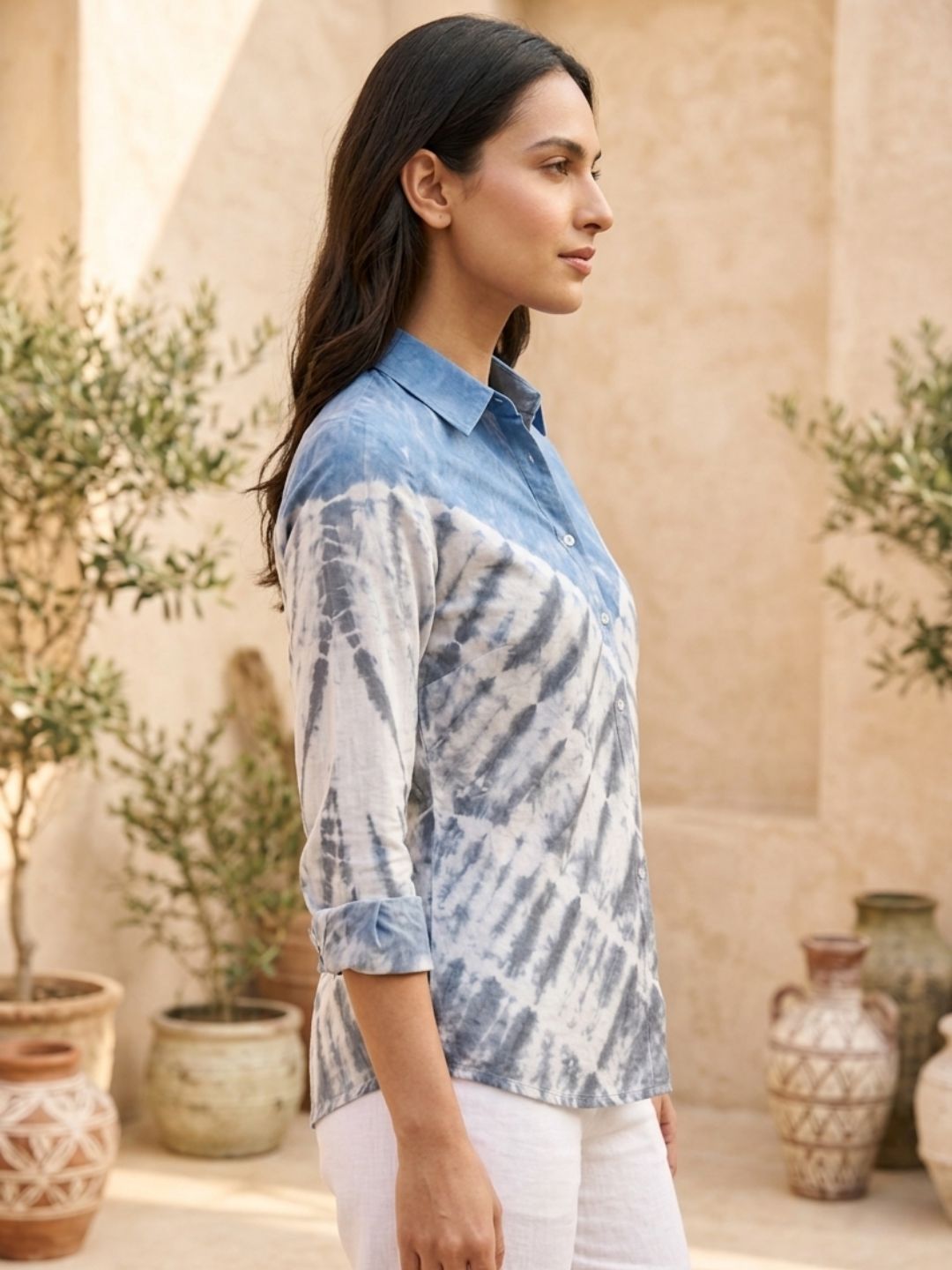 Blue Ombre Tie-Dye Cotton Shirt in Geometric Design