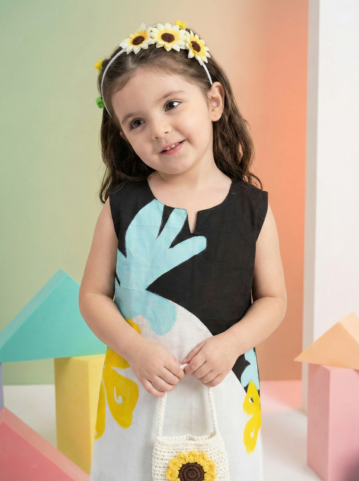 Girls Black & White Floral Printed Sleeveless Tunic Top with Black Pants Co-Ord Set
