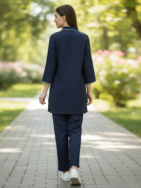 Navy Blue White Embroidered Co-ord Set