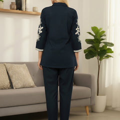 Navy Blue Cotton Embroidered Floral Co-Ord Set