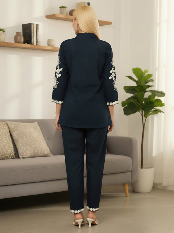 Navy Blue Cotton Embroidered Floral Co-Ord Set