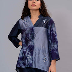 Stylish Navy Blue Satin Tie-Dye Embroidered Co-Ord Set