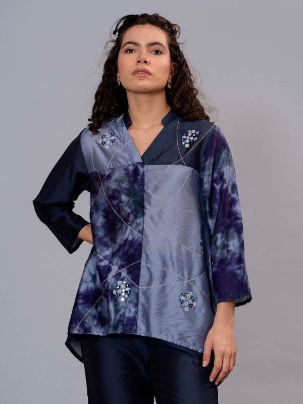 Stylish Navy Blue Satin Tie-Dye Embroidered Co-Ord Set