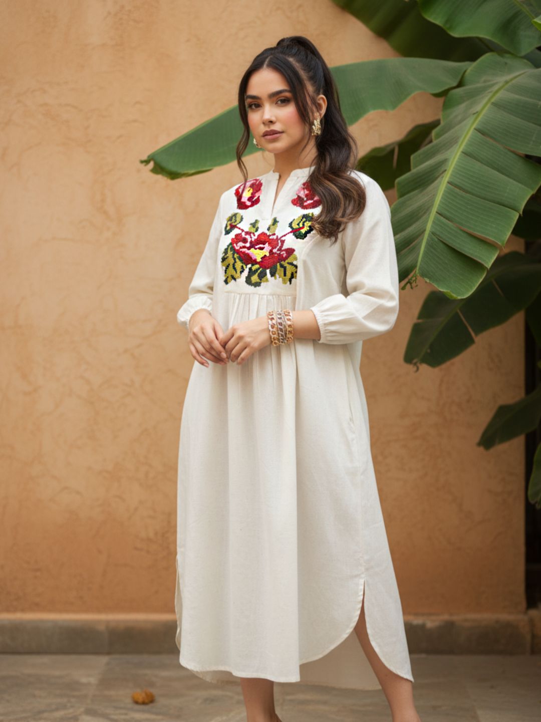 Off-White Floral Embroidered A-Line Midi Kurta Dress